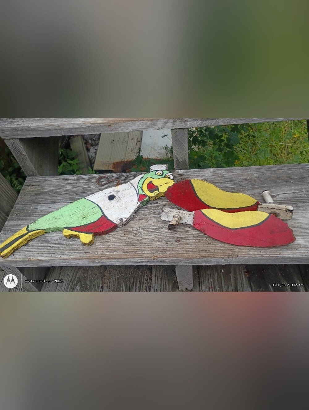 Vintage Wooden Sailor Parrot Whirlybird Whirligig Wind Spinner Garden Folk Art